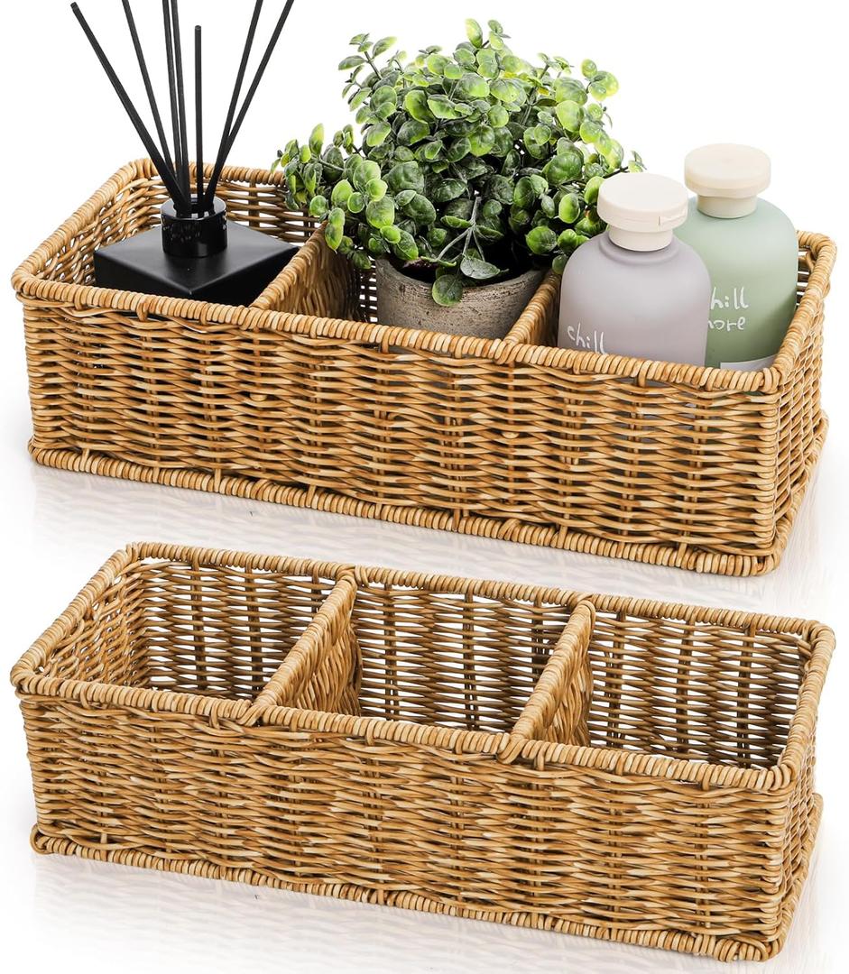Covzoe 2 Pack Wicker Storage Basket, 3 Compartments Plastic Toilet Tank Topper Woven Basket, Rattan Storage Container Countertop Organizer for Bathroom Bedroom Decor, Tan