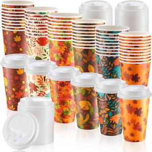 60 Pcs Fall Disposable Coffee Cups with Lids 16oz Maple Leaves Paper Cups Beverage Drinking Cup for Thanksgiving Harvest Autumn Party Restaurant Travel Business Supplies, 10 Styles