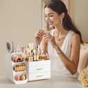 HBlife Makeup Organizer with Brush Holder for Vanity, Large Plastic Bathroom Countertop Organizer Skin Care Storage, Easy to Store Lipsticks, Nail Polishes, Perfumes, Eyeshadow Palettes, All White