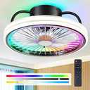 Low Profile Ceiling Fan with Light - Modern Flush Mount Ceiling Fan,15" RGB Dimmable LED Enclosed Ceiling Fans,Modern Bladeless LED-RGB Ambient Light for Bedroom Kids Room Party（Black）