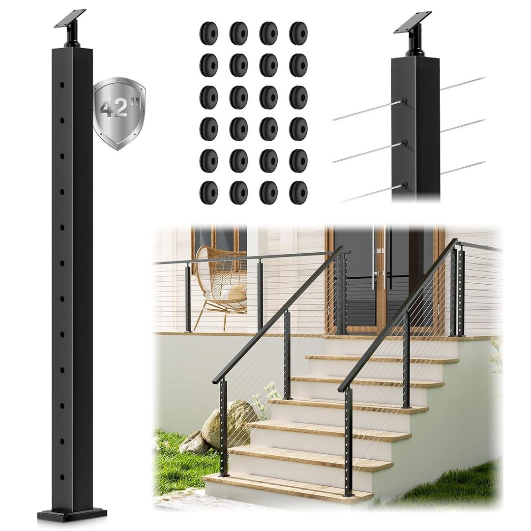 42" Stair Cable Railing Post, 33 Drilled Stair Post Fit for 28-38 Degrees Stairway, Adjustable Top Wire Railing Post for Staircase, Black T304 Stainless Steel Rail Post for Deck Railing System