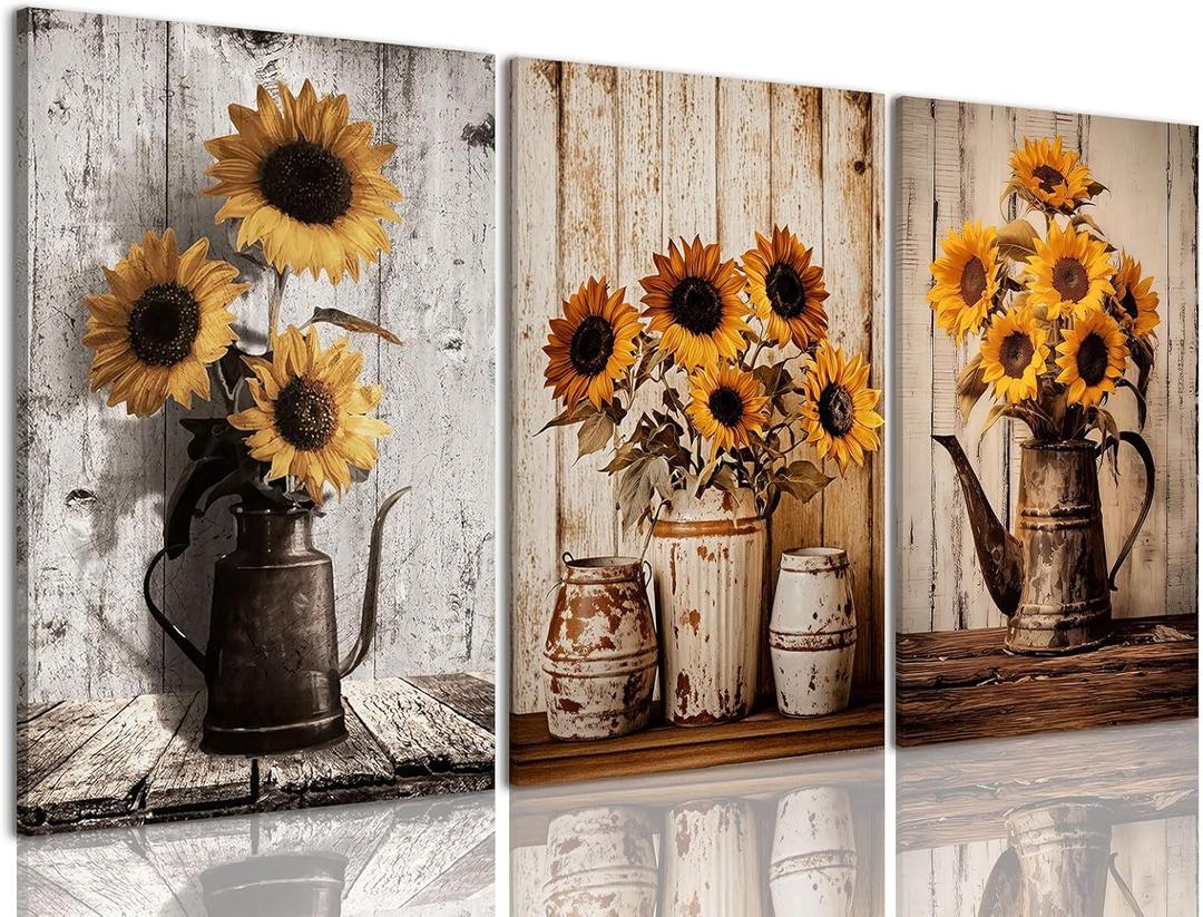 3 Piece Rustic Sunflower Canvas Wall Art for Farmhouse Vintage Floral Wall Art Flower in Pitcher Pictures Prints for Kitchen Living Room Bedroom 16"x24" Framed