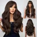 YOUGRACE Dark Brown Wig with Bangs, Wavy Wigs for Women Synthetic Hair Wig for Daily Party Use 26 Inch