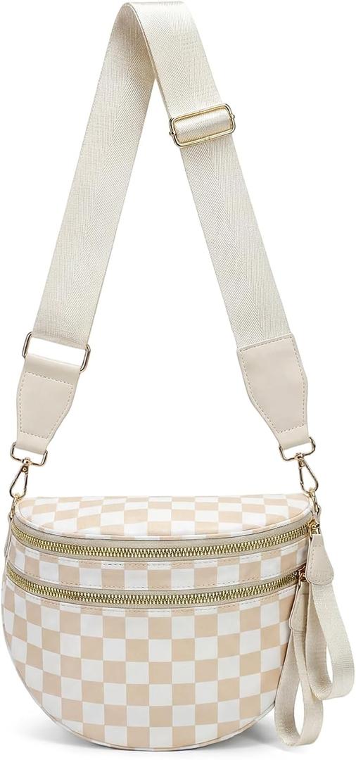Checkered Crossbody Bag Nylon Bum Bags for Women Spacious Handbags Checkered Purse Fanny Packs with Shoulder Strap