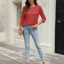 Womens Tops 3/4 Length Sleeve Round Neck Casual Loose Fit Tunic Tops Basic Pleated Shirts 2025 (Red, XL)