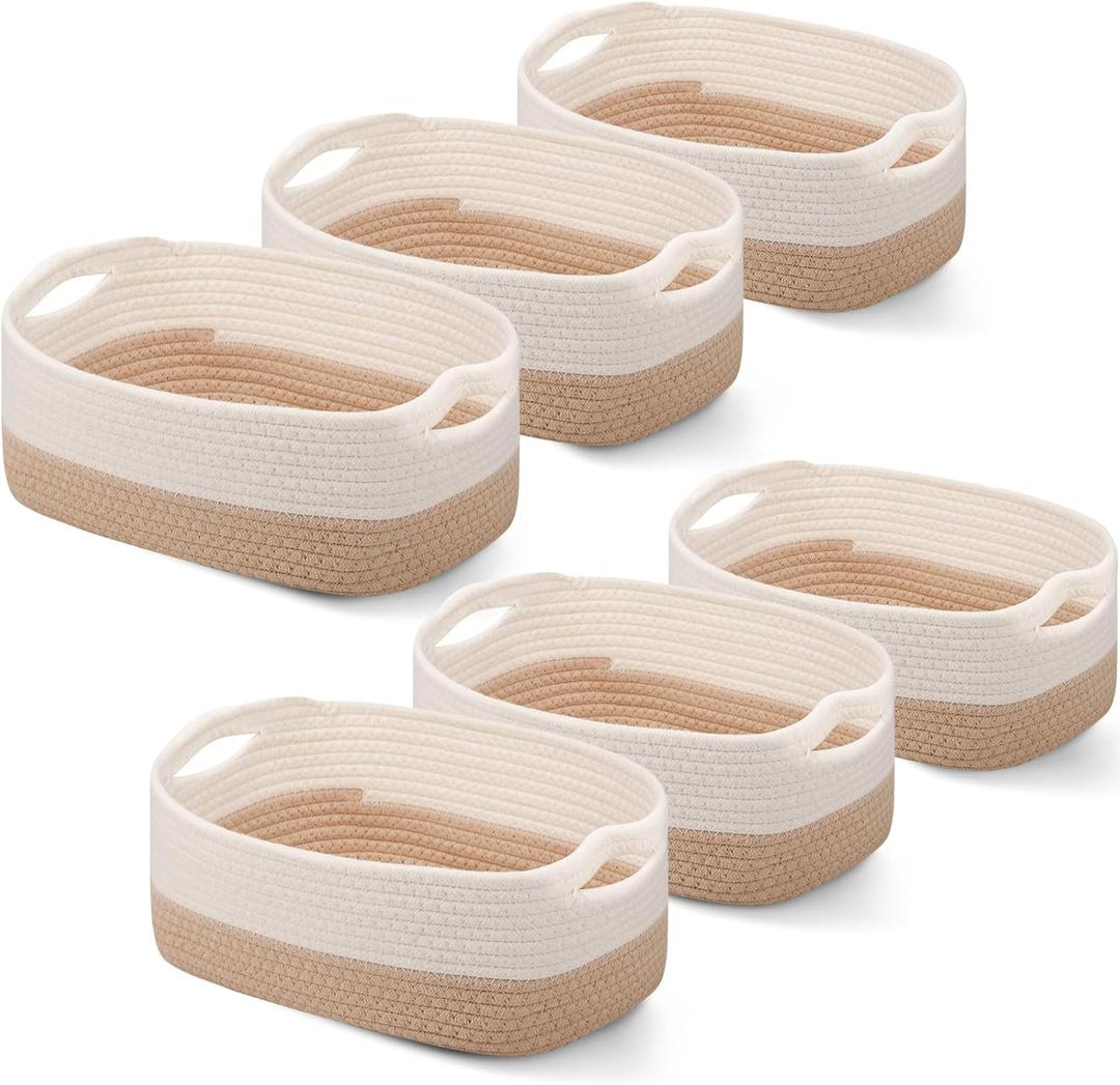 Sawysine 6 Pcs Cotton Rope Woven Basket for Storage Baskets for Organizing Storage Baskets Rope Basket with Handles for Cloth Blanket Toys Living Room Bathroom Laundry (Khaki and White)