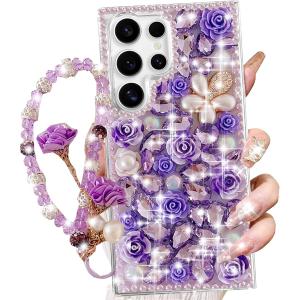 Changjia for Samsung Galaxy S25 Ultra Glitter Bling Case,Cute Luxury 3D Sparkle Crystal Rhinestones Flowers Diamond Pearl with Lanyard Wrist Strap Women Girls Case for Galaxy S25 Ultra 6.9 Inch,Purple