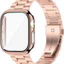 iiteeology Compatible with Apple Watch Band 42mm Series 11 Series 10, Upgraded Stainless Steel Band with iWatch Screen Protector Case for Men Women Rose Gold/Rose Gold