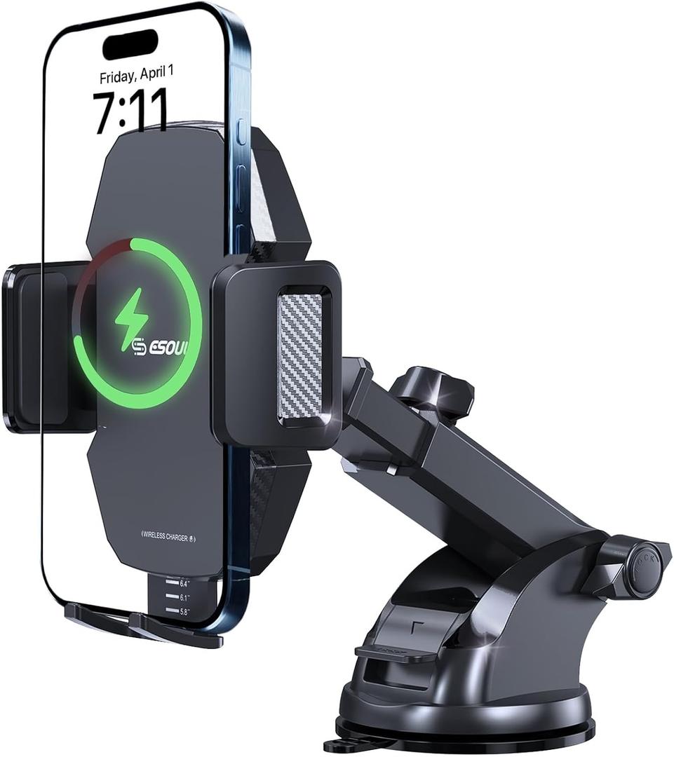 Car Phone Holder &15W Wireless Fast Charger, Auto-Clamp Qi Charging Mount, 360 Adjustable Phone Holder for iPhone/Android, Air Vent Mount with Overcharge Protection - by Esoulk