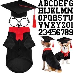 Huhumy 5 Pcs Dog Graduation Costume Set Include 2026 Pet Graduation Gown with Stole Puppy Grad Cap Lensless Glasses DIY Letter Stickers for Dogs Cats Holiday Costume Accessory(Black Red,L)