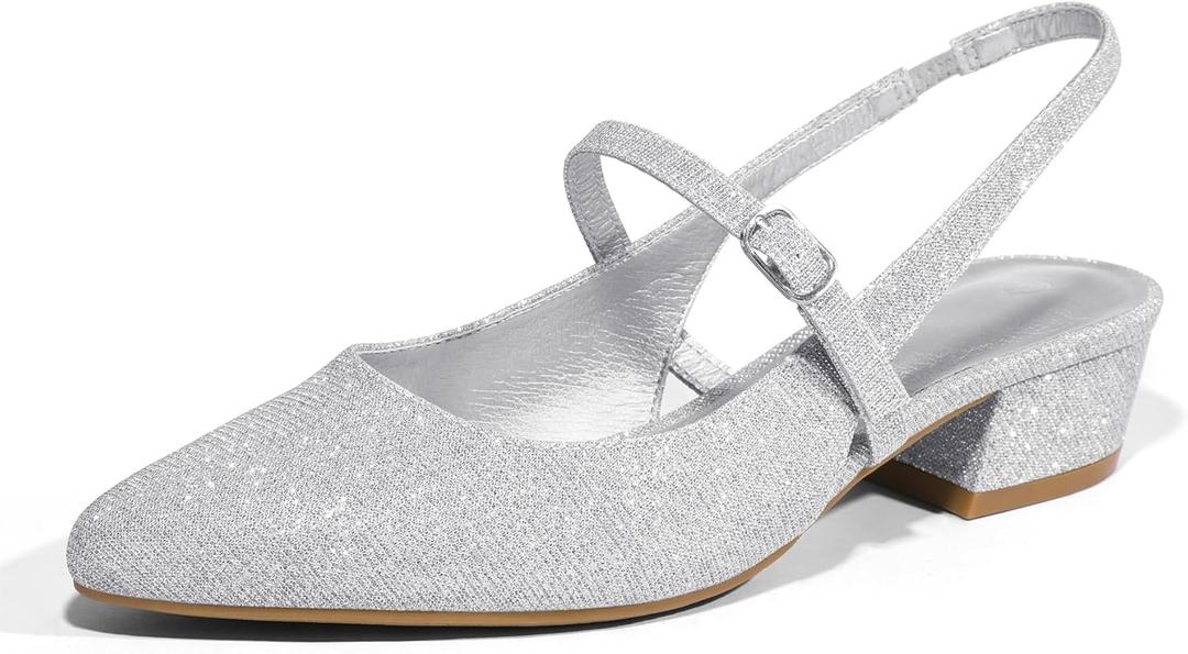 mysoft Women's Slingback Mary Jane Pumps Block Low Heel Adjustable Buckle Dress Shoes Silver Glitter 11