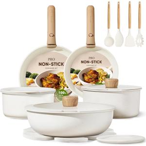 CAROTE 19pcs Pots and Pans Non Stick, Cookware Sets Detachable Handle, Induction Kitchen Pots and Pans,NonStick Cooking Set, Oven/Dishwasher/Fridge Safe, Space Saving (Cream White)