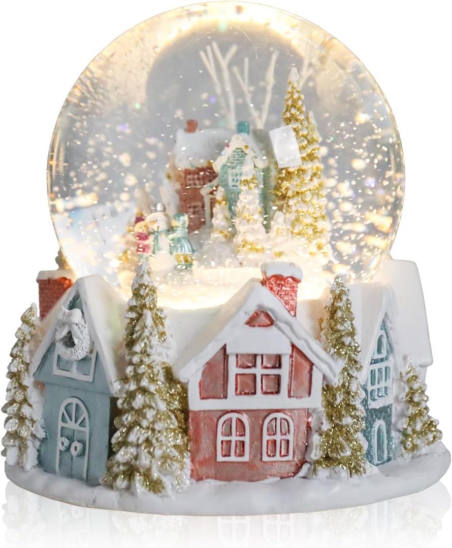 Taman Christmas Snow Globe, Xmas Village with Musical Swirling Glitter Snowflakes Lighted Christmas Decorations Tabletop Home Dcor