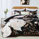 Yogeneg Full Queen Size Quilt Set,White Gold Floral Botanical Pattern Black Bedding Set,3 Piece Lightweight Soft Summer Bedspread Coverlet with 2 PIillow Sham for All Season(Black Floral,90"x96")
