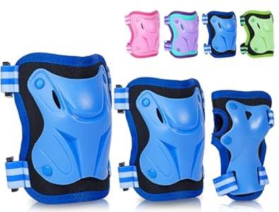 FIODAY Knee Pads for Kids Knee Elbow Pads Wrist Guard Protective Gear Set with Drawstring Bag Adjustable Kids Knee Pads for 3-8-12 Years Girls Boys Biking Scooter Skateboard, Blue, 3-8 Years Old