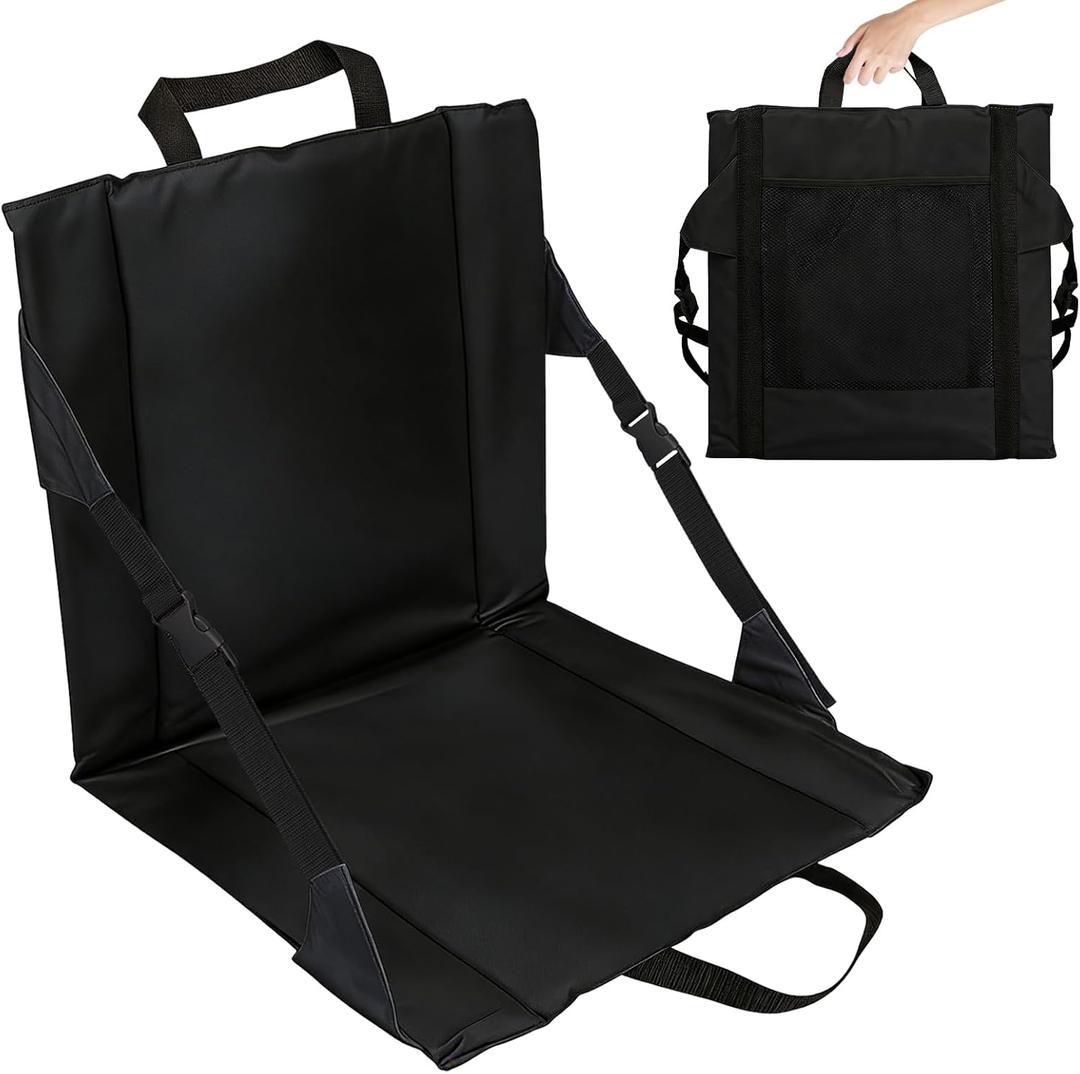 Lightweight Folding Stadium Seat Cushion with Backrest & Adjustable Straps, Portable Bleacher Seat for Sports, Camping, Hiking and Outdoor Events (Black)