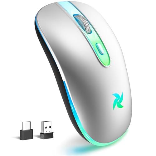HZD LED Wireless Mouse, Slim Silent Rechargeable Mouse for Laptop, 2.4G Portable USB Optical Mouse with Type C Adapter, 3 Adjustable DPI Levels 1600/1200/800 for Tablet/Computer Sliver