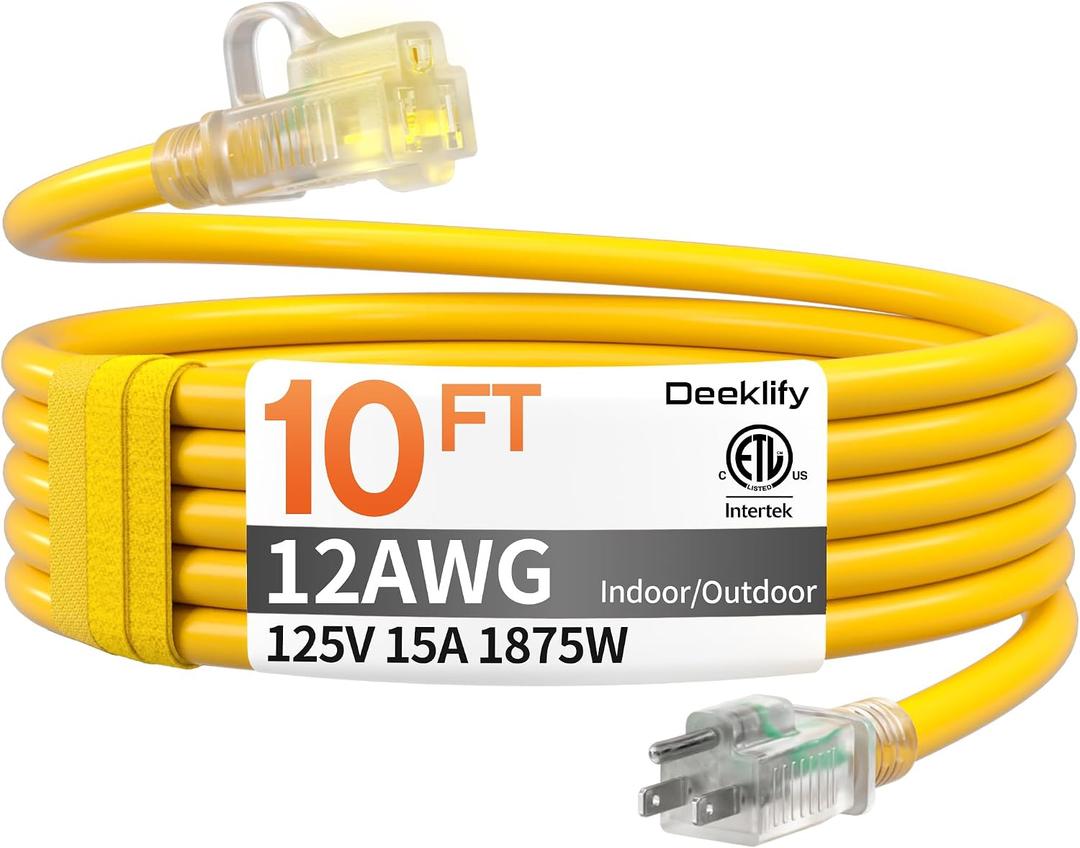 12awg 10 FT Heavy Duty Outdoor Extension Cord Waterproof with Lighted End, 12 Gauge Extension Cord Flexible and Cold Resistant 3 Prong Grounded Plug,Yellow 15Amp 1875W SJTW ETL Listed