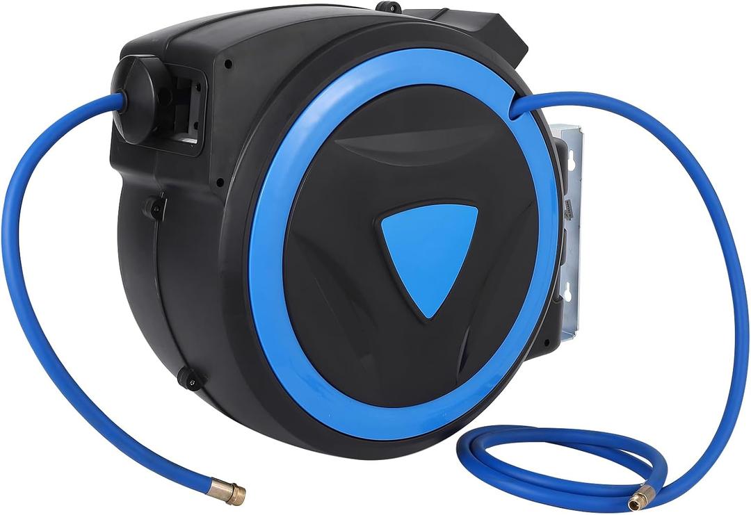 Hybrid Air Compressor Hose Reel - 3/8 In x 80 Ft, Time-Tested Automatic Lock, Strong and Tangle-Free Retraction, Flexible Hose & 5 Ft Extension Lead (80ft 3/8inch)