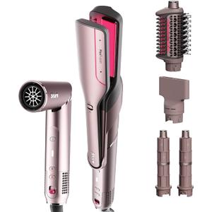 Shark FlexFusion Hair Straightener & Powerful Hair Dryer with Fusion Hair Brush, Ceramic Air Styler with Auto-Wrap Curlers & Concentrator, Ceramic Plates, Cosmic Blush HD641S
