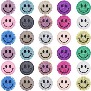 30 Pcs Sequin Round Smiley Face Chenille Patches Cute Iron-On Patches for a Diverse Range of Fabric Clothes DIY Projects
