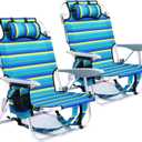 2 Pack Lightweight Portable Camping Beach Chair for Adults, Outdoor Lay Flat Folding Beach Chairs with 5 Positions, Backpack Beach Chair with Towel Bar, Zipper Pouch, Cup Holder, Ocean Striped