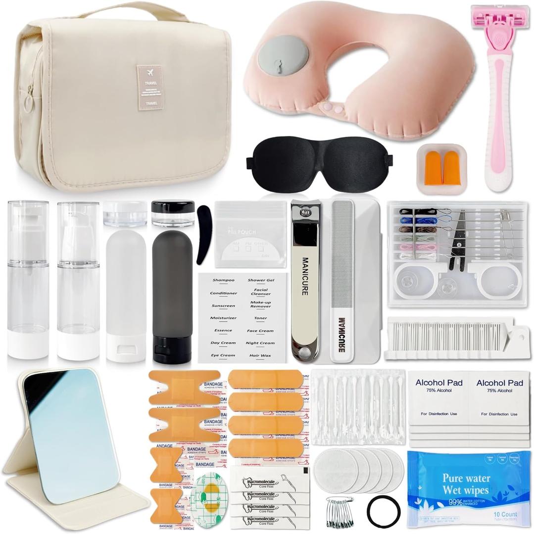 Travel Kit 39 Essentials for Travel Emergency, Large Capacity Toiletry Bag, All Purpose Grooming Set, Airplane Pillow Kit, TSA Approved (Pearl Bisque Beige)