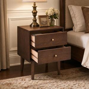 100% Solid Wood Nightstand with 2 Drawers, No-Assembly Mid-Century Modern Walnut End Tbale for Living Room, Small Bedside Table for Low Bed