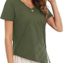 Womens Loose Fit Crew Neck T-Shirts Summer Split Asymmetry Short Sleeve Tee Shirt Plain Outfit Tops (Green, XL)