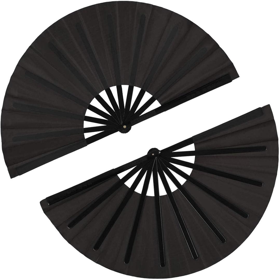 2 Pcs Large Clap Fans for Line Dancing Folding Hand Rave Fan Nylon Cloth Foldable for Line Dancing Festival Craft Dance Decoration for Party Favors(Black,Simple Pattern)