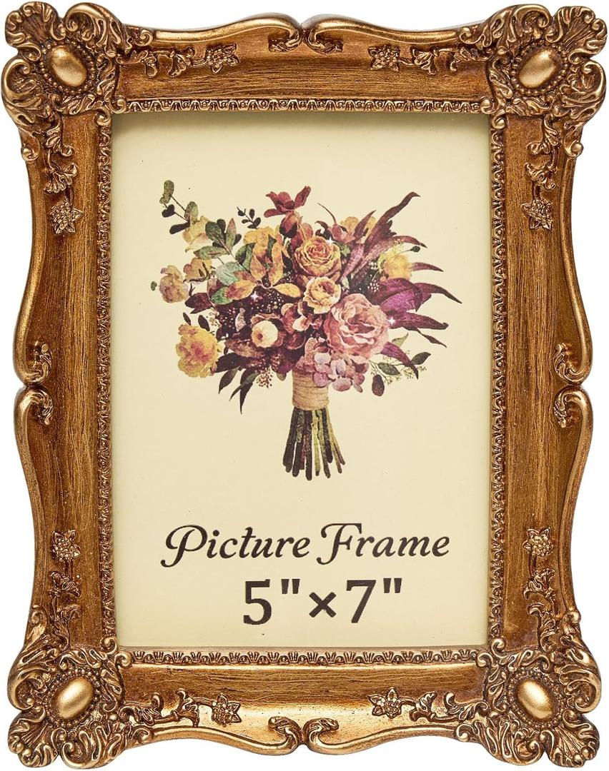 Vintage Picture Frame 5x7 Inch, Ornate Antique Photo Frames with Glass Front, Baroque Design, Tabletop & Wall Hanging, Photo Gallery, Gold
