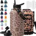 Insulated Water Bottle | Thickened Stainless Steel Vacuum Metal | Portable Sports Half Gallon Large Water Jug for Gym and Hiking with Straw, Carrier Bag, Handle Strap | BPA-Free 64 oz (Leopard Print)