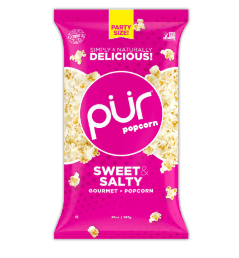 PUR Popcorn Made with Coconut Oil 100% Whole Grain Healthy Snacks Gluten Free Nut & Peanut Free, Vegan & Non-GMO Sweet & Salty and Sea Salt Flavored Individual Bags 200g (Pack of 2)