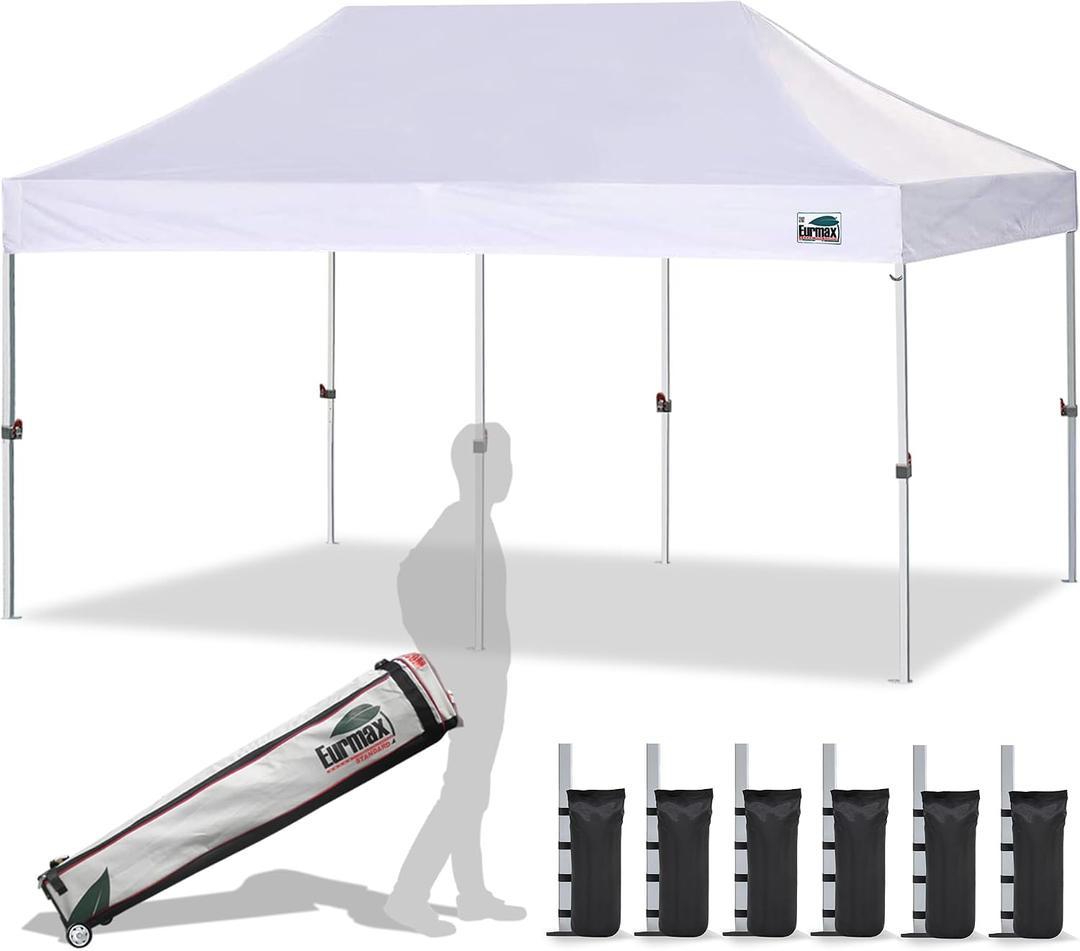 Eurmax USA 10x20ft Pop Up Canopy, Commercial Instant Tent for Outdoor Events, Patented No-Tip Rolling Storage Bag with 6 Sandbags,UV & Water Resistant,Heavy Duty Portable Shelter Gazebo,White