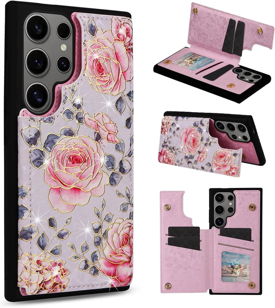 UEEBAI Wallet Case for Samsung Galaxy S25 Ultra 5G with Card Holders, PU Leather Cover Kickstand RFID Blocking Double Magnetic Clasp Rilievo Flower Flip Case for Women Girls - Purple Rose