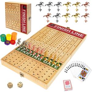 FUNNYB&G 21 inches Horse Race Board Game Foldable Large Horse Racing Game for Adults with 11 Metal Horses, Solid Wood 60 Pcs Poker Chips 2 Dice 1 Pack of Cards for Family Tabletop Parties(Log)