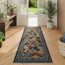 Bohemian Geometric Floral Runner Rug 2x6, Machine Washable, Soft Low Pile, Non-Slip Carpet for Laundry, Bedroom, Bathroom, Entryway | Blue