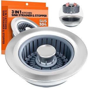 Nipoko Kitchen Sink Drain Strainer - Upgraded Kitchen Sink Stopper,Sink Stopper Kitchen Drain,Stainless Steel Drain Plug with Anti-Clog Basket Drain Stopper Combo,for Standard 3-1/2'' Drain,Grey