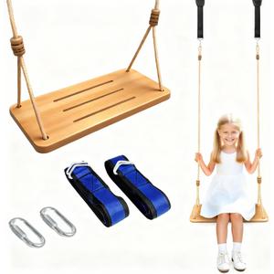 500LBS Waterproof Wooden Swing Seat Hermetic Oil Sealing for Outdoor Indoor, 16" x 7" x 0.8" Adjustable Hanging Tree Straps for Adults & Kids, Bamboo Wood Swing Set Accessories for Backyard Playground, Burlywood