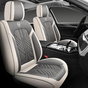 Comfortable Leather Auto Car Seat Covers Front & Rear Seat Protector Fit Sedan SUV 5 Seats Full Set Universal Fit (White Grey)