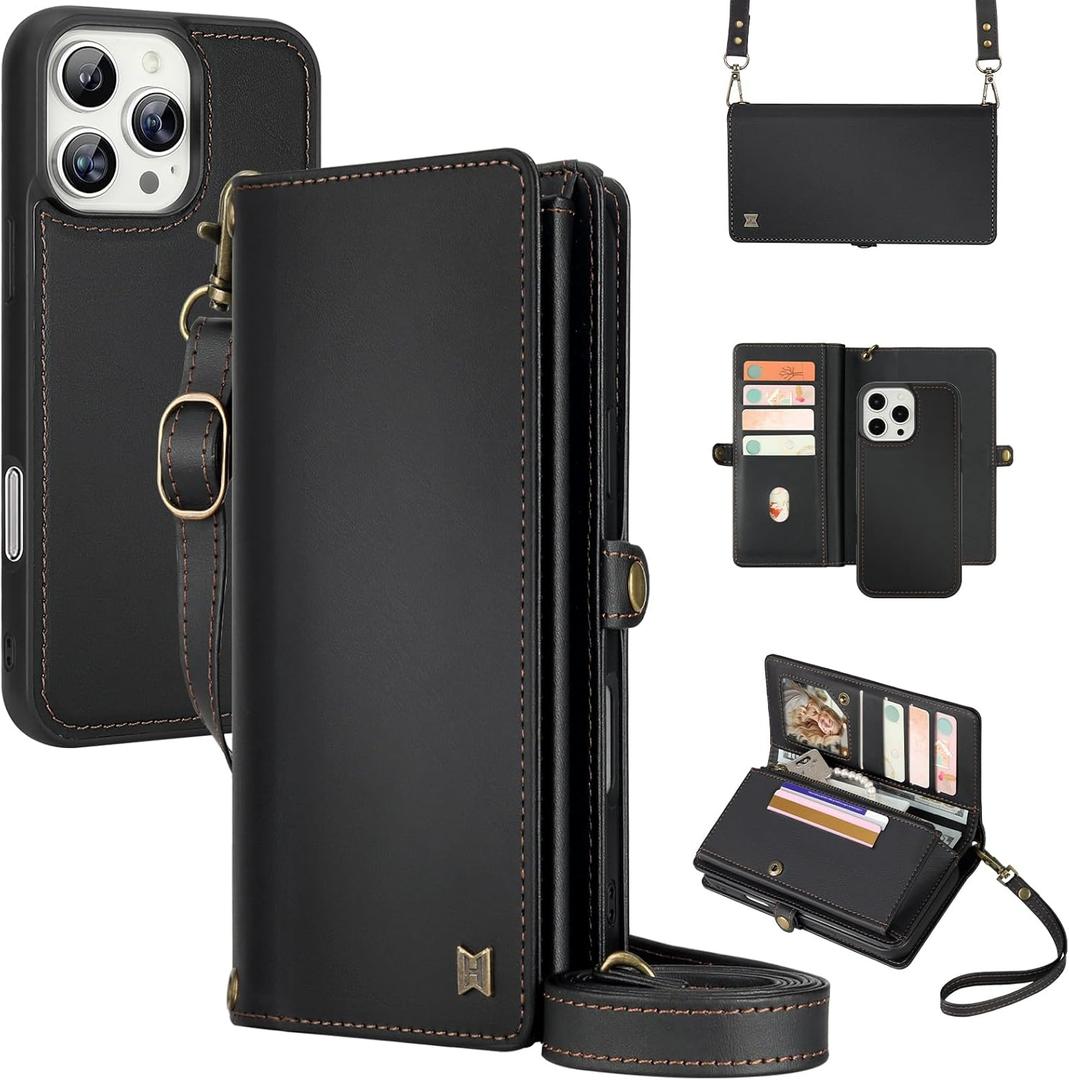 For Wallet Case Compatible with iPhone 16 Pro Max,Multi-Function Detachable 2 in 1 Magnetic iPhone 16 Pro Max Case Wallet,Flip Strap Zipper Card Holder Phone Case with Shoulder Straps (Black)