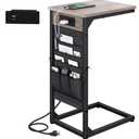 C-Shaped End Table with Fast-Charging Station, Small Couch Side Table with Storage Bag, Sofa TV Tray Table for Living Room, Bedroom, Bedside ET-GY-1