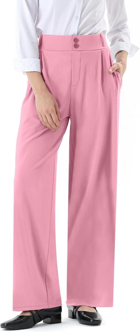 Womens Wide Straight Leg Work Pants Casual Slacks Business Office Trousers Button Dress Pants (Pink, M)