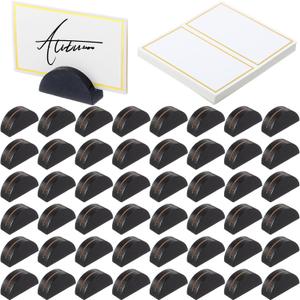 Maitys 48 Pcs Wooden Table Number Stands Wedding Table Name Holder Semicircular Design Place Card Holders with 48 Pcs Tented Cards for Retail Shop Wedding Party Events Decoration (Black)
