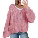 Saodimallsu Womens Tie Front Cardigan Sweaters Cable Knit V Neck Lantern Long Sleeve Casual Loose Sweater Coats Pink (Purple)