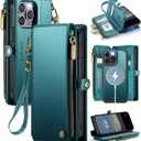 Defencase for iPhone 13 Pro Magnetic Wallet Case Compatible with Magsafe with RFID Blocking Zipper Strap Card Holder for Women, PU Leather Detachable Case for iPhone 13 Pro (6.1 inches), Blue Green