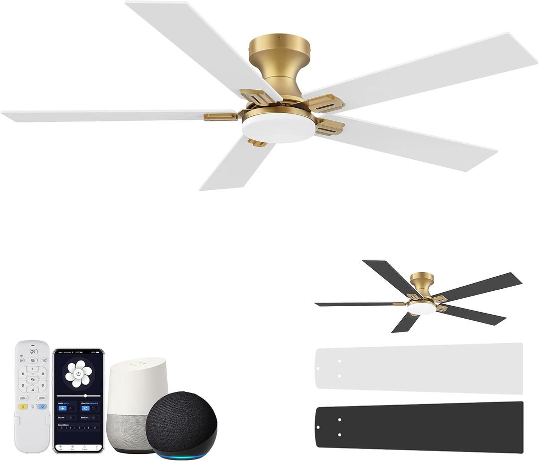52 Inch Ceiling Fans with Lights,Smart Low Profile Ceiling Fan with Light and Remote Control,Modern Flush Mount Ceiling Fans for Bedroom,Patio,Porch,Outdoor Indoor Use,in Black White and Gold,Quiet