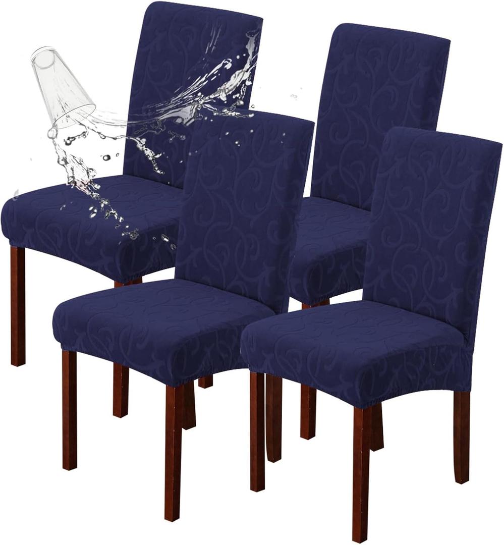 Genina Waterproof Dining Room Chair Covers Stretch Parsons Chair Slipcovers for Dining Room Kitchen Chair Protector Cover, Removable, Washable (4 Large, Flower Pattern-Navy)