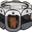 Pet Playpen Foldable Puppy Dog Cat Playpen Soft Fabric Portable Pet Run Cage Indoor Outdoor Use 74 x 74 x 43 cm for Rabbit Hamster Guinea Pig Grey
