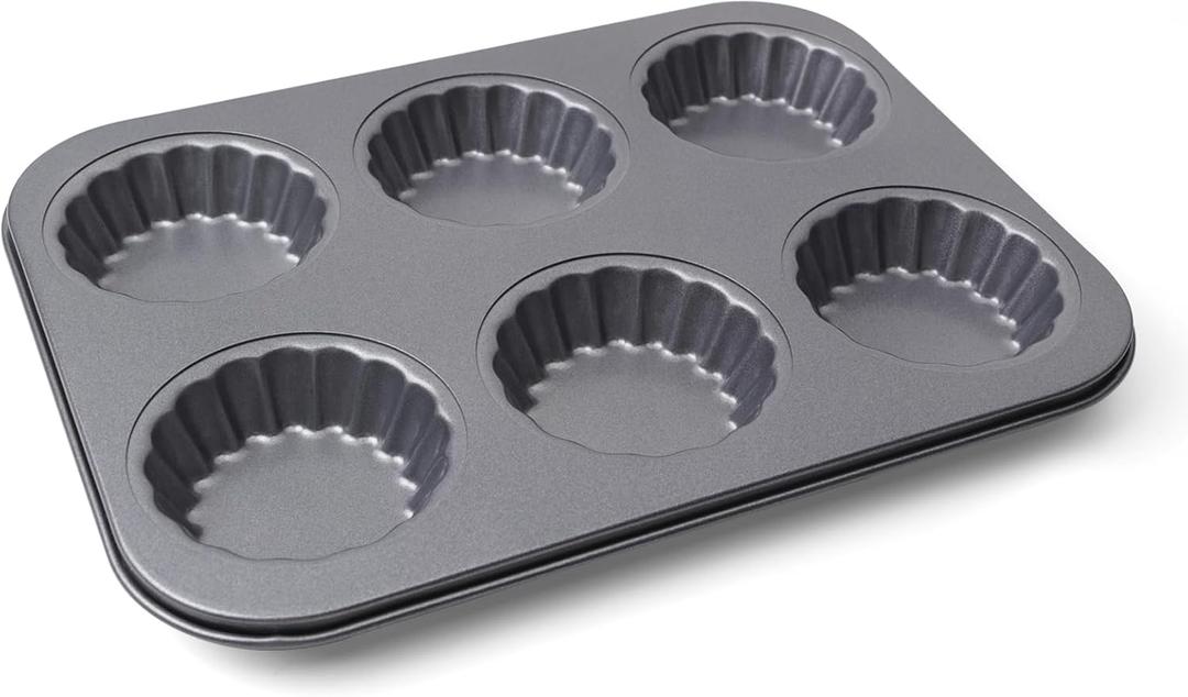 Mini Tart Pan, 2.75" Egg Tart Molds 6-Cavity Non Stick Fluted Mini Tart Mould, Reusable Quiche Bakeware Carbon Steel for Pies, Quiche, Cheese Cakes, Desserts(Not Included Cutting Mold)